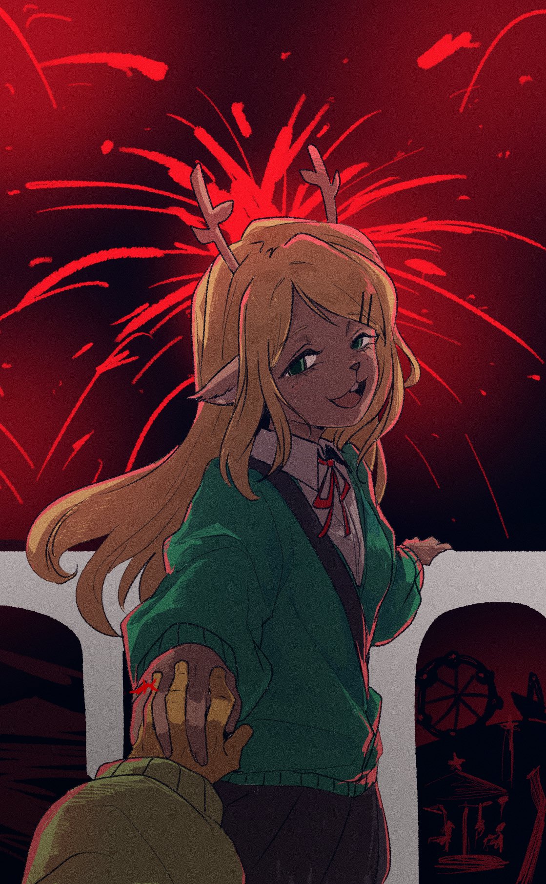 1girl, 1other, animal_ears, antlers, blonde_hair, collared_shirt, commentary, deer_antlers