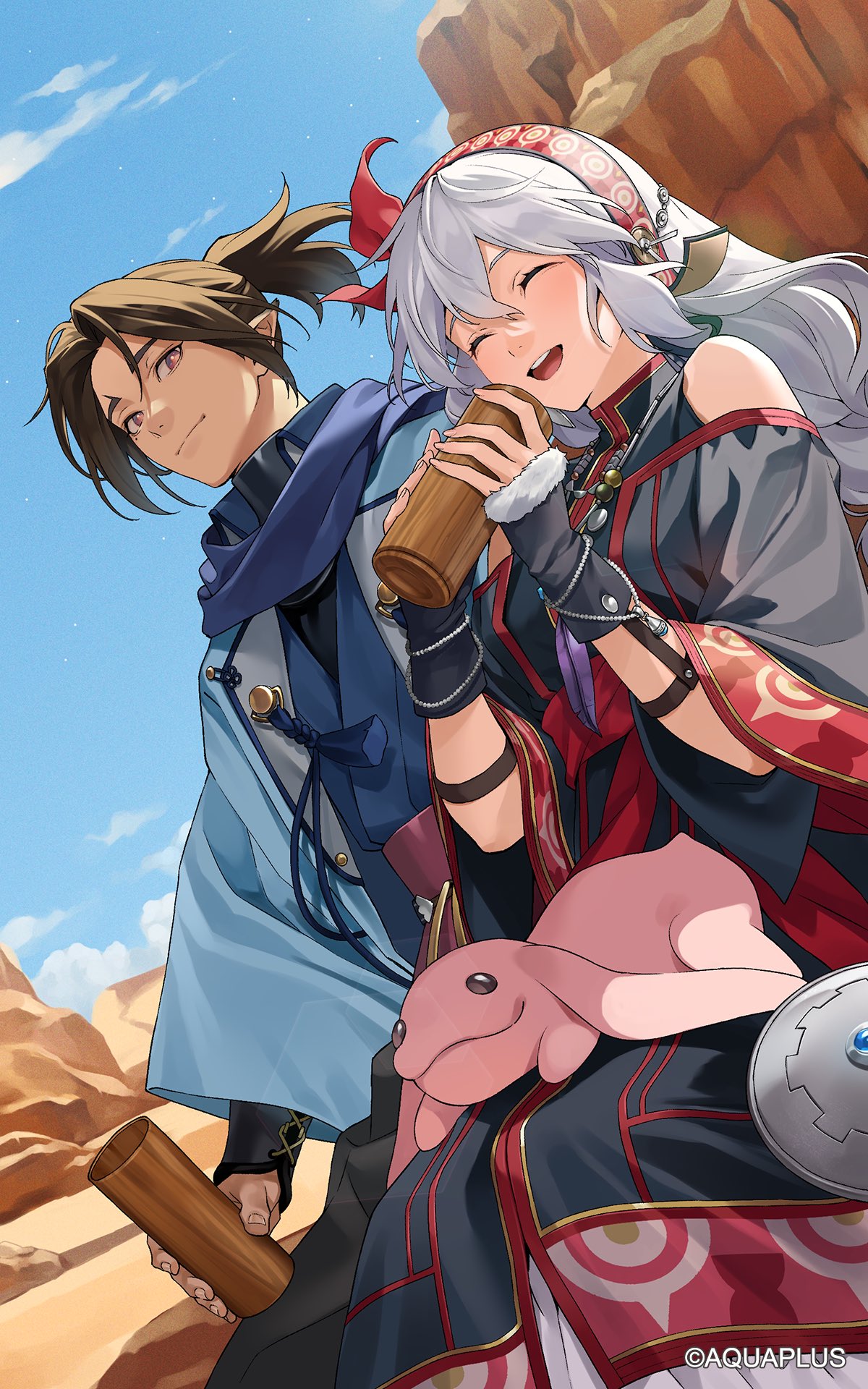 1girl, 2boys, ^_^, bare_shoulders, black_arm_warmers, black_dress, blue_happi, blue_scarf, blue_vest, brown_hair, closed_eyes, company_name, dress, fur-trimmed_sleeves, fur_trim, grey_hair, hairband, halu_(utawarerumono), happi, high_ponytail, highres, japanese_clothes, long_hair, monochrome_mobius, multiple_boys, natsuko_(bluecandy), official_art, oshtor, ponytail, red_dress, red_eyes, red_hairband, scarf, shunya_(utawarerumono), sitting, sleeveless, sleeveless_dress, smile, stuffed_toy, two-tone_dress, utawarerumono, utawarerumono:_lost_flag, very_long_hair, vest, wide_sleeves, wooden_cup