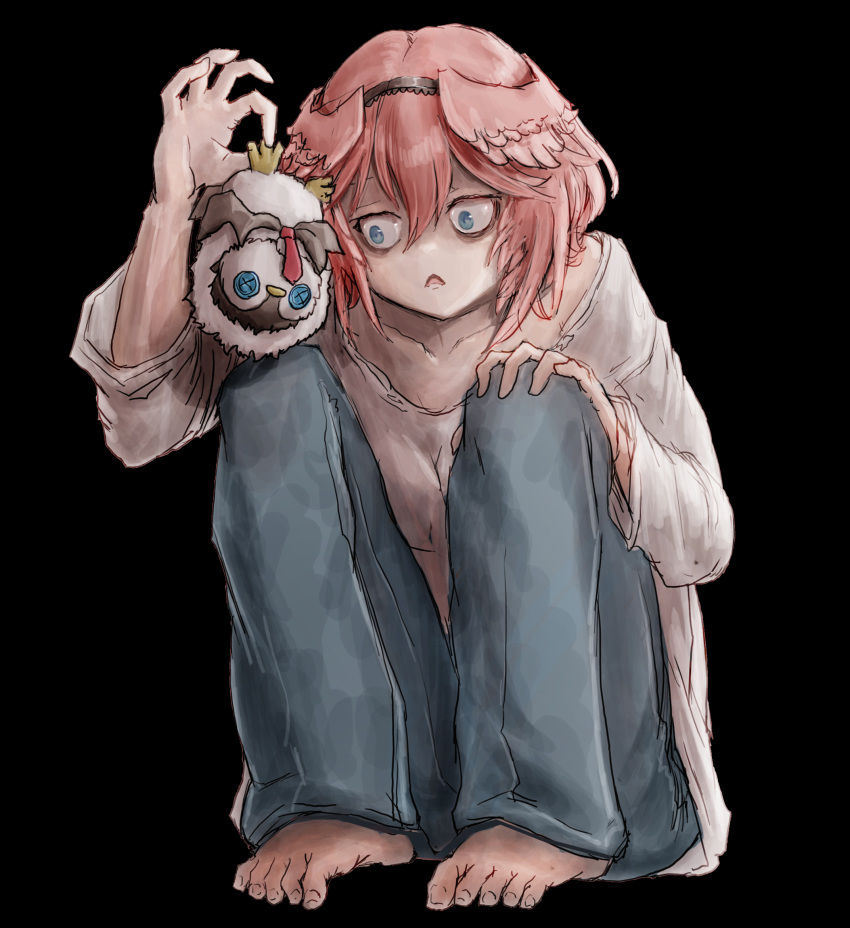 1girl, :<, alternate_costume, barefoot, blue_eyes, cosplay, denim, hair_between_eyes