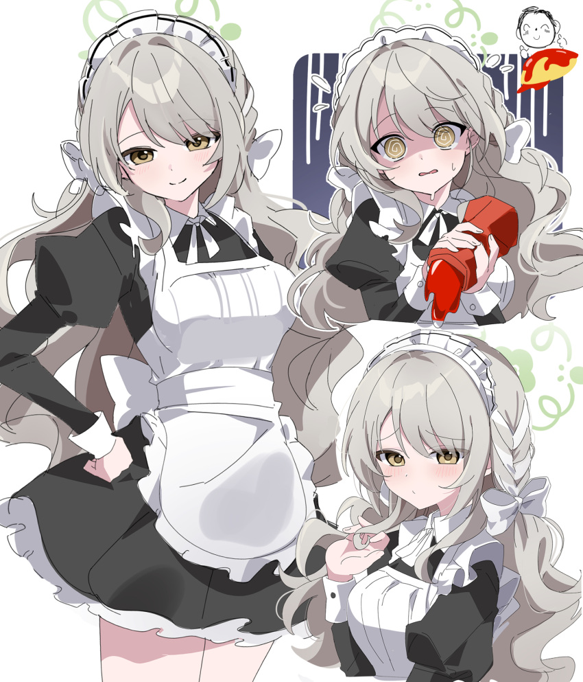 1girl, @_@, apron, blue_archive, braid, chaum, doodle_sensei_(blue_archive), dress