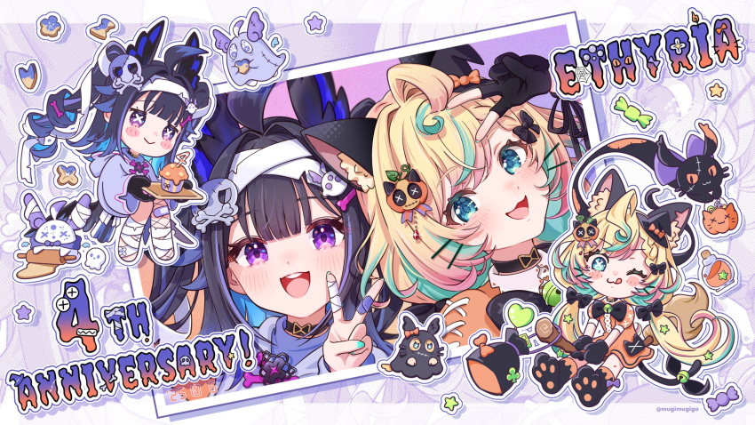 2girls, :>, :d, ;3, ;q, ahoge, aloupeep_(enna_alouette), animal_ear_fluff, animal_ears, aqua_eyes, aqua_hair, artist_name, bandage_on_finger, bandage_on_hair, bandage_on_leg, bird_tail, black_choker, black_gloves, blonde_hair, blue_hair, blunt_bangs, blush, blush_stickers, candy, cat_ears, chibi, choker, colored_inner_hair, cross-shaped_pupils, cupcake, dated, english_commentary, enna_alouette, enna_alouette_(decora), ethyria, famillie_(millie_parfait), fishnet_thighhighs, fishnets, food, ghost_costume, gloves, hair_intakes, halloween, happy_anniversary, hat, head_wings, highres, inset, long_hair, looking_at_viewer, lucie_(millie_parfait), millie_parfait, mini_hat, mugimugigo, multicolored_hair, multiple_girls, nijisanji, nijisanji_en, one_eye_closed, purple_hair, single_thighhigh, smile, streaked_hair, symbol-shaped_pupils, tail, thigh-highs, tongue, tongue_out, twitter_username, two_side_up, v, violet_eyes, virtual_youtuber, wings, witch_hat, wolf_cut, x_x