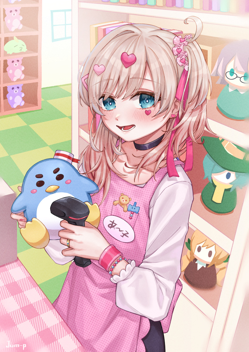 1girl, :d, absurdres, apron, artist_name, bad_id, bad_pixiv_id, barcode_scanner