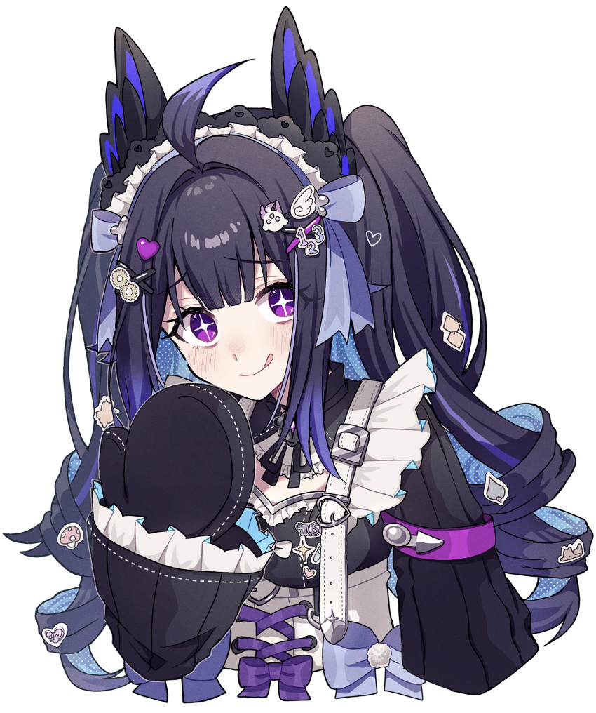1girl, :q, absurdres, ahoge, blue_hair, blush, colored_inner_hair, decora, enna_alouette, enna_alouette_(decora), head_wings, highres, long_hair, looking_at_viewer, maid, maid_headdress, mittens, multicolored_hair, nijisanji, nijisanji_en, nose_blush, purple_hair, sekka_(sekka1202), simple_background, solo, sparkling_eyes, streaked_hair, tongue, tongue_out, twintails, two_side_up, upper_body, virtual_youtuber, white_background, wings