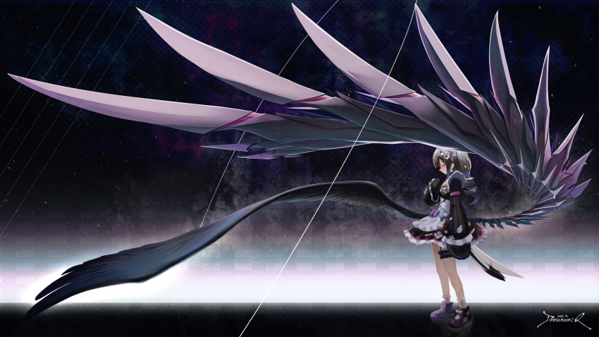1girl, artist_name, black_hair, decora, dreamoon-q, drill_hair, enna_alouette, enna_alouette_(decora), fishnet_thighhighs, fishnets, from_side, full_body, garter_straps, hand_on_own_chest, highres, low_wings, maid, mittens, night, night_sky, nijisanji, nijisanji_en, oversized_wings, shoes, signature, single_thighhigh, sky, sneakers, solo, star_(sky), starry_sky, thigh-highs, virtual_youtuber, wings