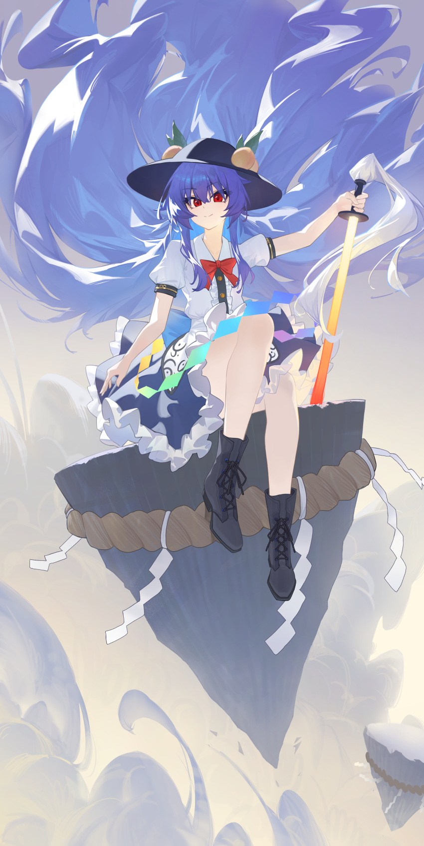1girl, absurdly_long_hair, absurdres, black_boots, black_hat, blue_hair, blue_skirt, boots
