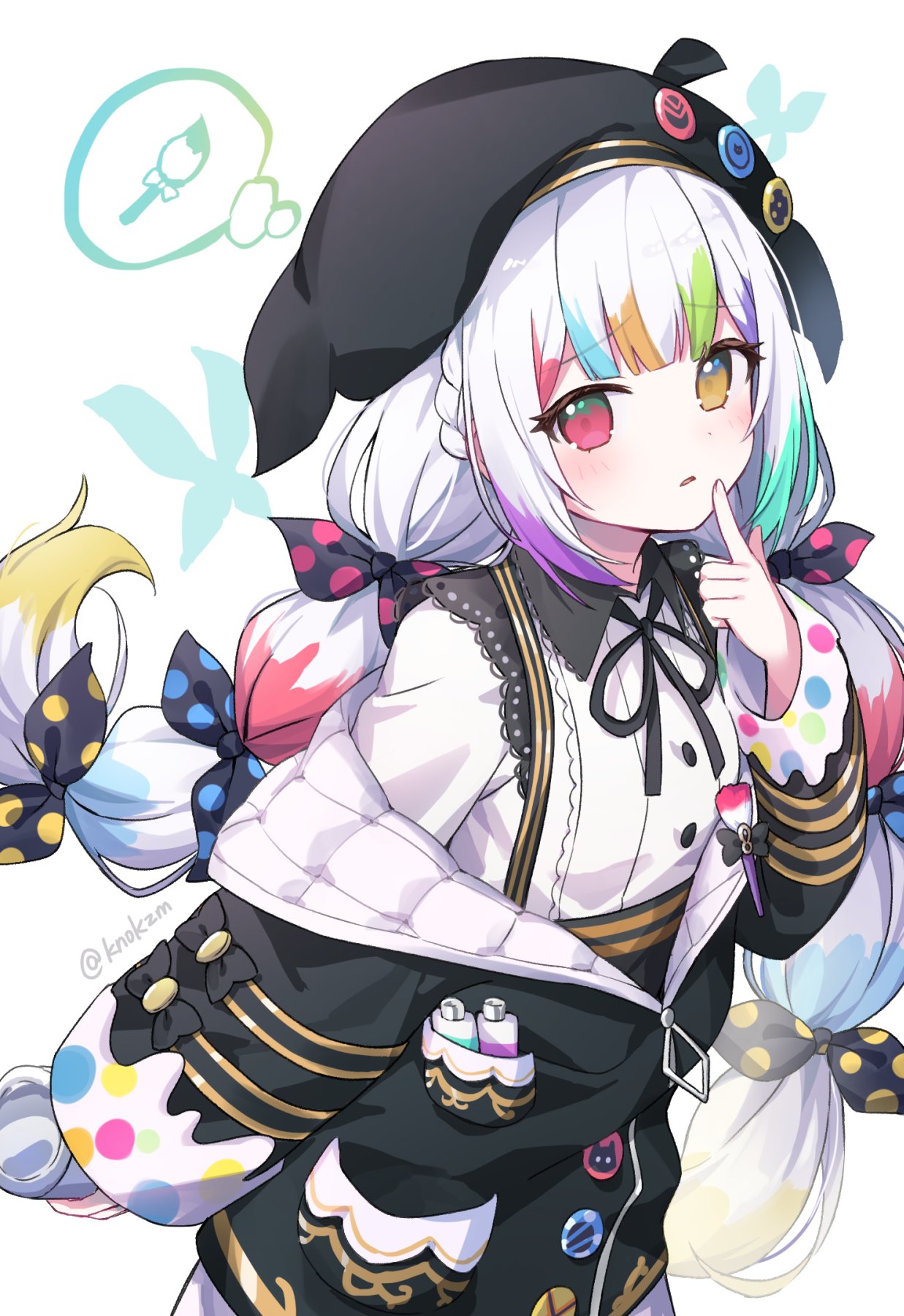 1girl, aqua_butterfly, arm_behind_back, artist_painter, beret, bow, finger_to_own_chin, hat