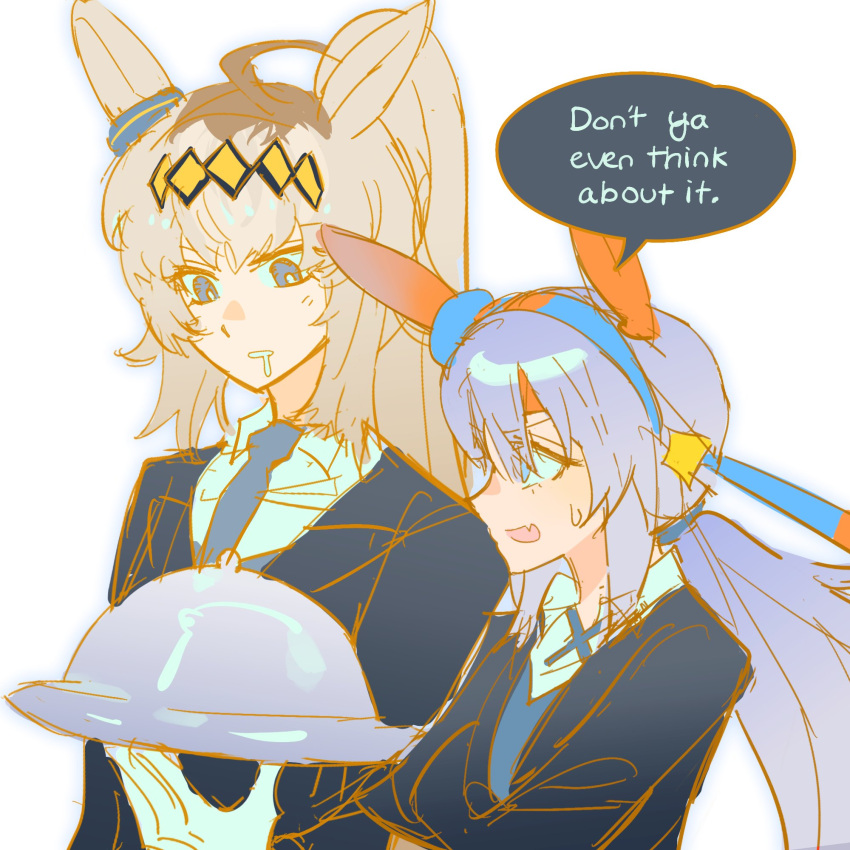 2girls, ahoge, animal_ears, black_jacket, black_necktie, blue_eyes, blue_hairband, butler