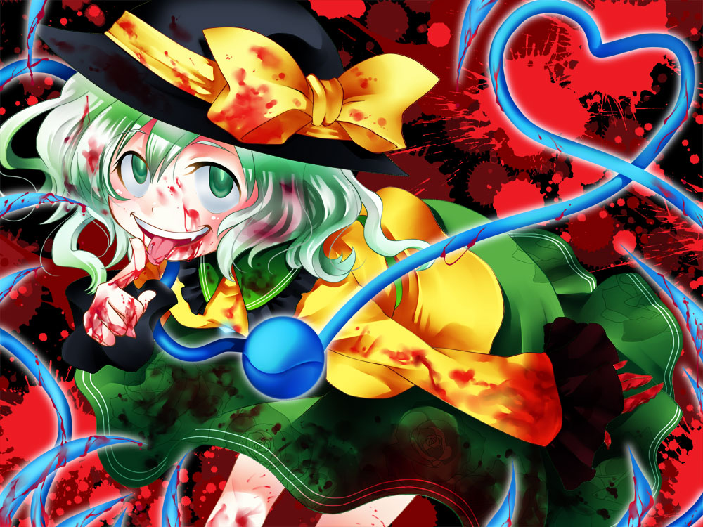 ahegao, blood, blood_on_clothes, blood_on_face, blood_splatter, blood_stain, bloody_clothes, bow