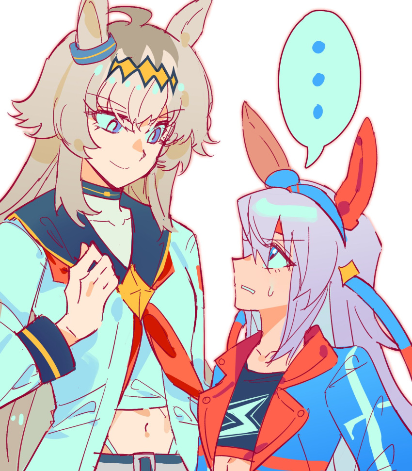 ..., 2girls, ahoge, animal_ears, blue_eyes, blue_hairband, blue_jacket, blue_sports_bra