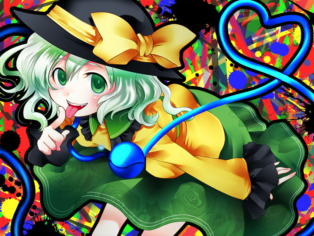 blush, bow, eyeball, fang, finger_to_mouth, green_eyes, green_hair, hat