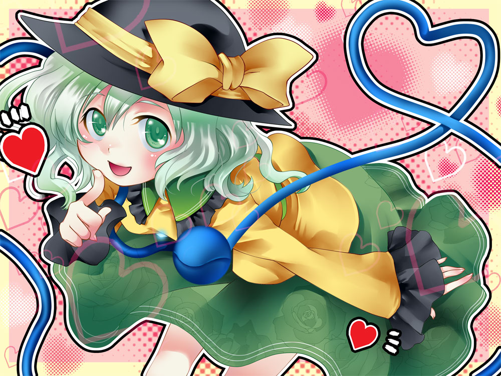blush, bow, eyeball, finger_to_mouth, green_eyes, green_hair, hat, heart