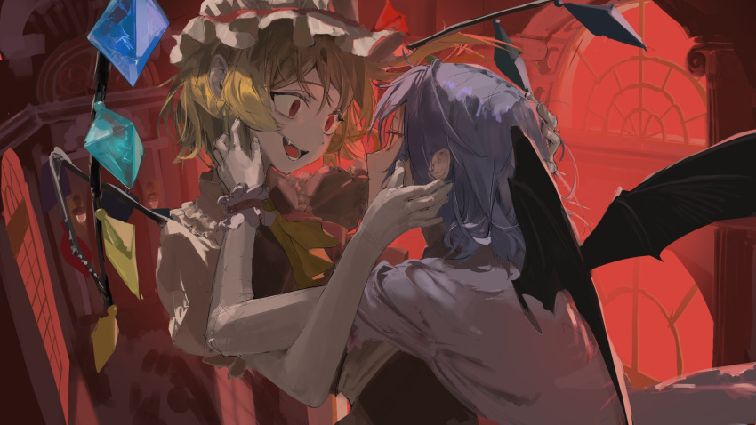 2girls, :d, ascot, bat_wings, black_wings, blonde_hair, blue_hair, collared_shirt