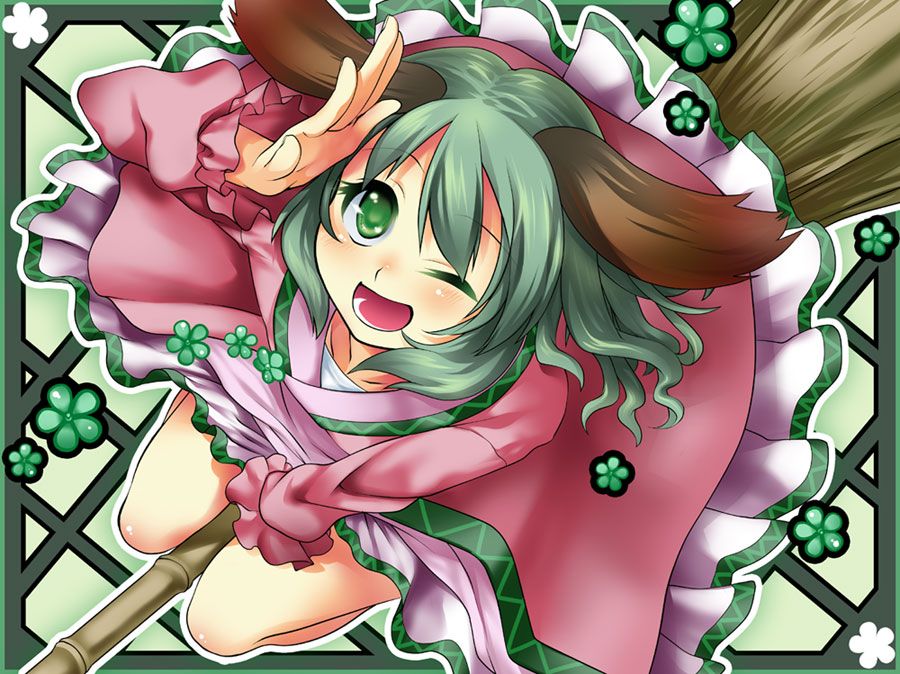 animal_ears, arm_up, bamboo_broom, blush, broom, broom_riding, dress, green_eyes