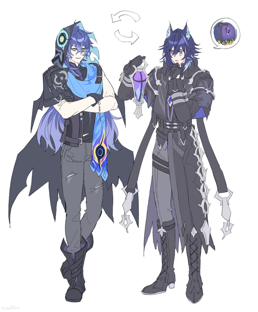 2boys, animal_ear_fluff, animal_ears, arrow_(symbol), asymmetrical_sleeves, bat_ears, black_boots, black_coat