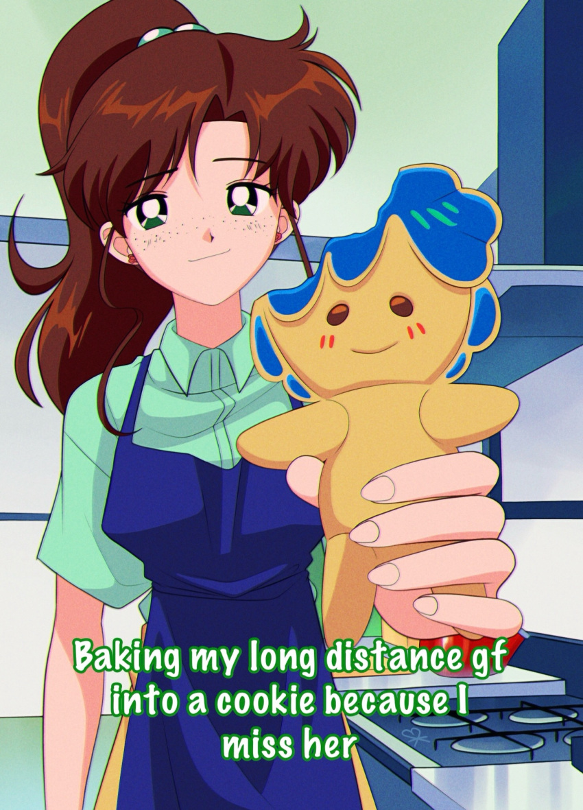 1girl, apron, aqua_shirt, baking_my_long_distance_bf_into_a_cookie_because_i_miss_him_(meme), bishoujo_senshi_sailor_moon, blue_apron, blue_hair, brown_hair, character_cookie, collared_shirt, cookie, food, freckles, green_eyes, hair_bobbles, hair_ornament, highres, holding, holding_cookie, holding_food, kibblebeans, kino_makoto, kitchen, long_hair, meme, mizuno_ami, parted_bangs, ponytail, shirt, smile, solo, stove