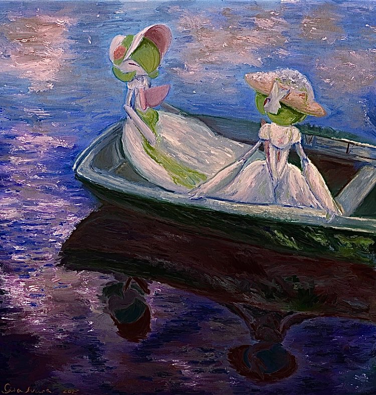 2others, boat, bonnet, closed_eyes, closed_mouth, colored_skin, gardevoir, green_hair, gyura, hair_over_one_eye, hat, lake, multicolored_skin, multiple_others, on_boat, outdoors, pokemon, pokemon_(creature), pokemon_focus, red_eyes, reflection, reflective_water, two-tone_skin, water, watercraft, white_skin