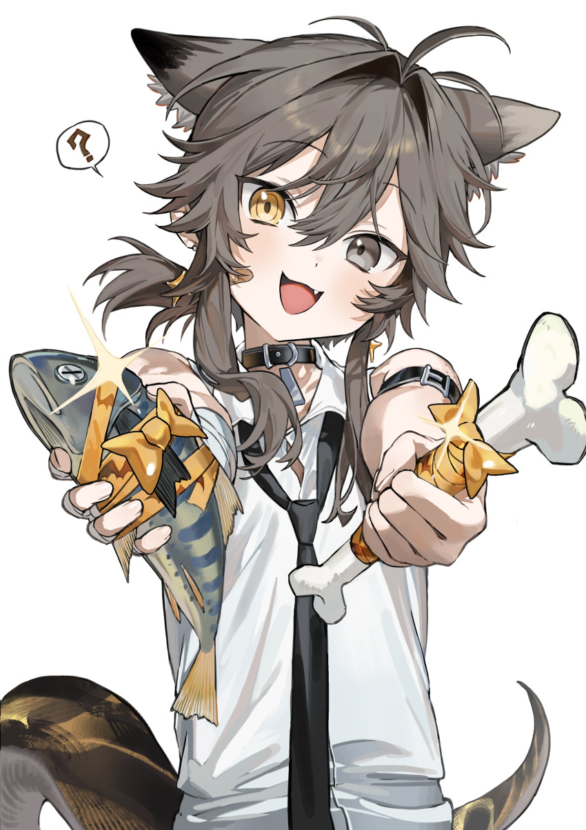 1boy, ?, absurdres, animal, animal_ears, bandaid, bandaid_on_cheek, bandaid_on_face, belt_collar, black_necktie, bone, collar, fang, fish, foreshortening, grey_eyes, grey_hair, head_tilt, heterochromia, highres, holding, holding_animal, holding_bone, holding_fish, incoming_gift, looking_at_viewer, male_focus, necktie, open_mouth, original, seeshin_see, shirt, simple_background, sleeveless, sleeveless_shirt, smile, solo, spoken_question_mark, tail, trap, upper_body, white_background, white_shirt, yellow_eyes