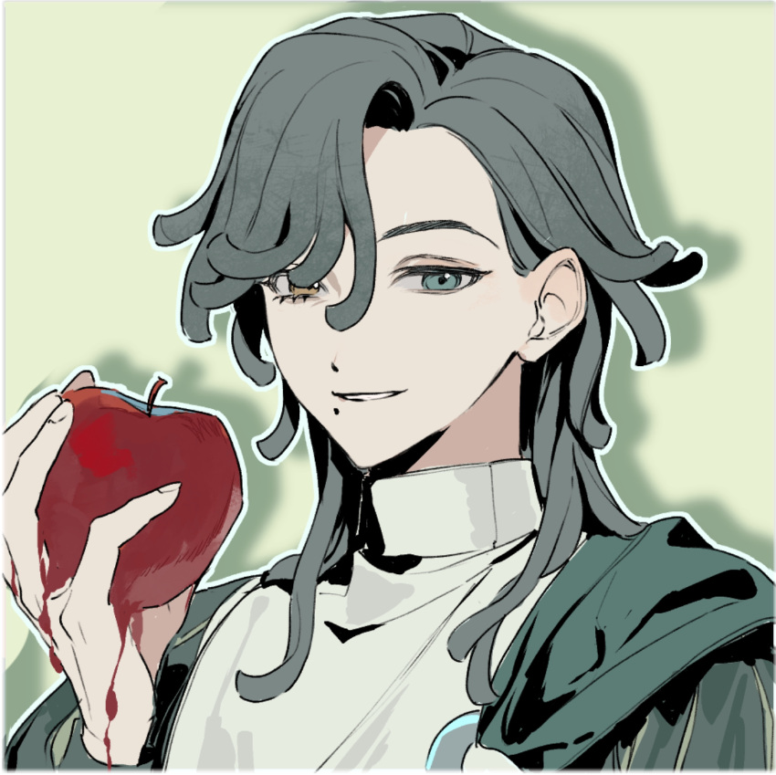 1boy, apple, asymmetrical_bangs, blood, blue_eyes, collared_shirt, curtained_hair, food