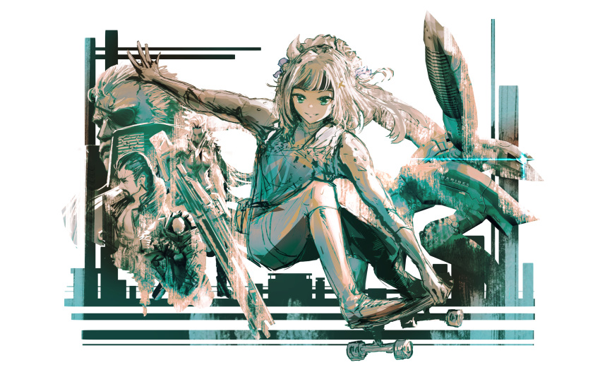 2girls, 3boys, advarcher, crossover, dated_commentary, fatman_(metal_gear), fortune_(metal_gear), full_body