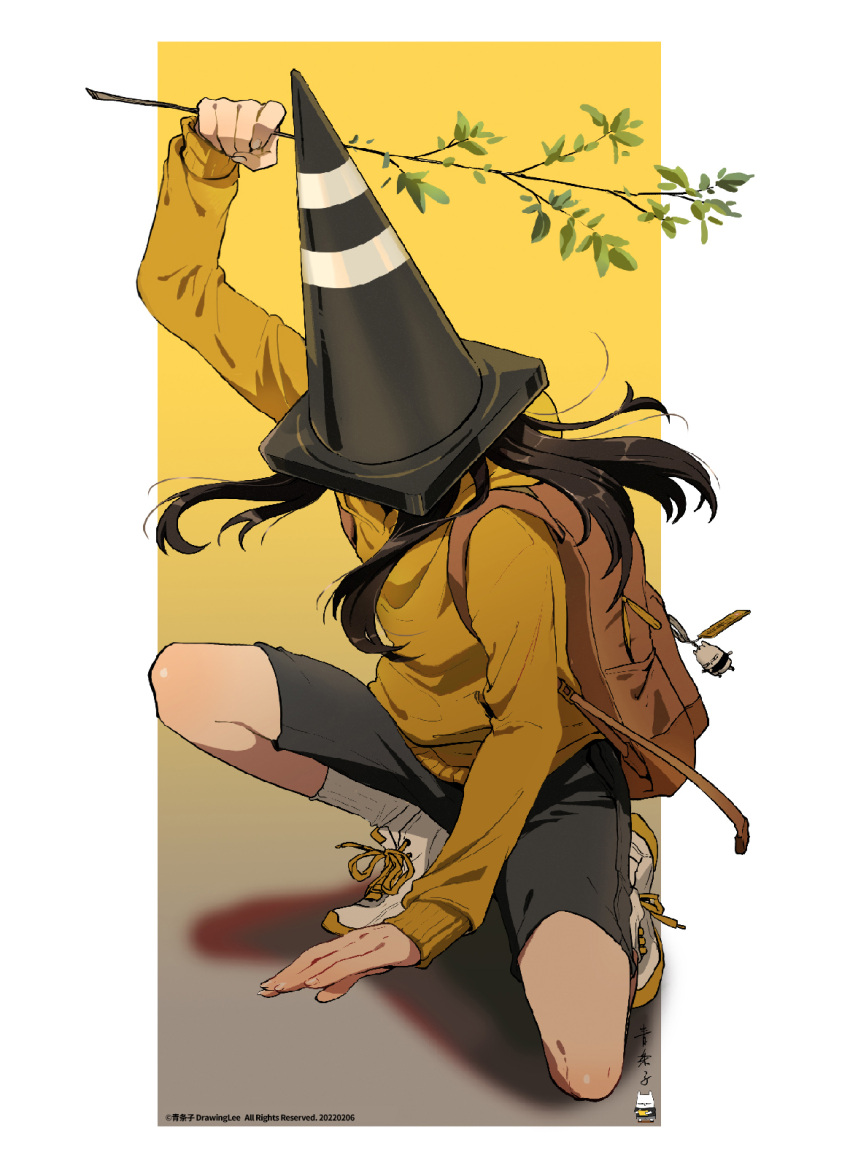 1girl, artist_name, backpack, bag, black_shorts, border, branch, brown_bag