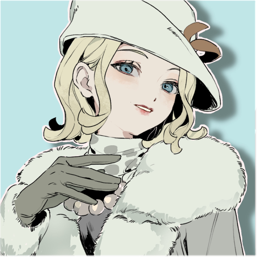1girl, blonde_hair, blue_background, blue_eyes, bob_cut, bow, coat, evelyn_mora