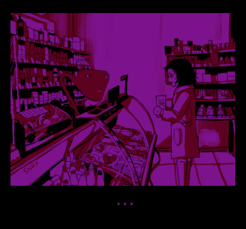 ..., 1girl, 1other, black_border, border, cashier_(milk_series), coat, commentary, feet_out_of_frame, from_side, gloves, indoors, li_shay, long_sleeves, looking_at_another, looking_down, medium_hair, milk-chan_(milk_series), milk_inside_a_bag_of_milk_inside_a_bag_of_milk, monochrome, open_mouth, pink_theme, profile, purple_theme, shelf, shop, standing, sweat, visual_novel