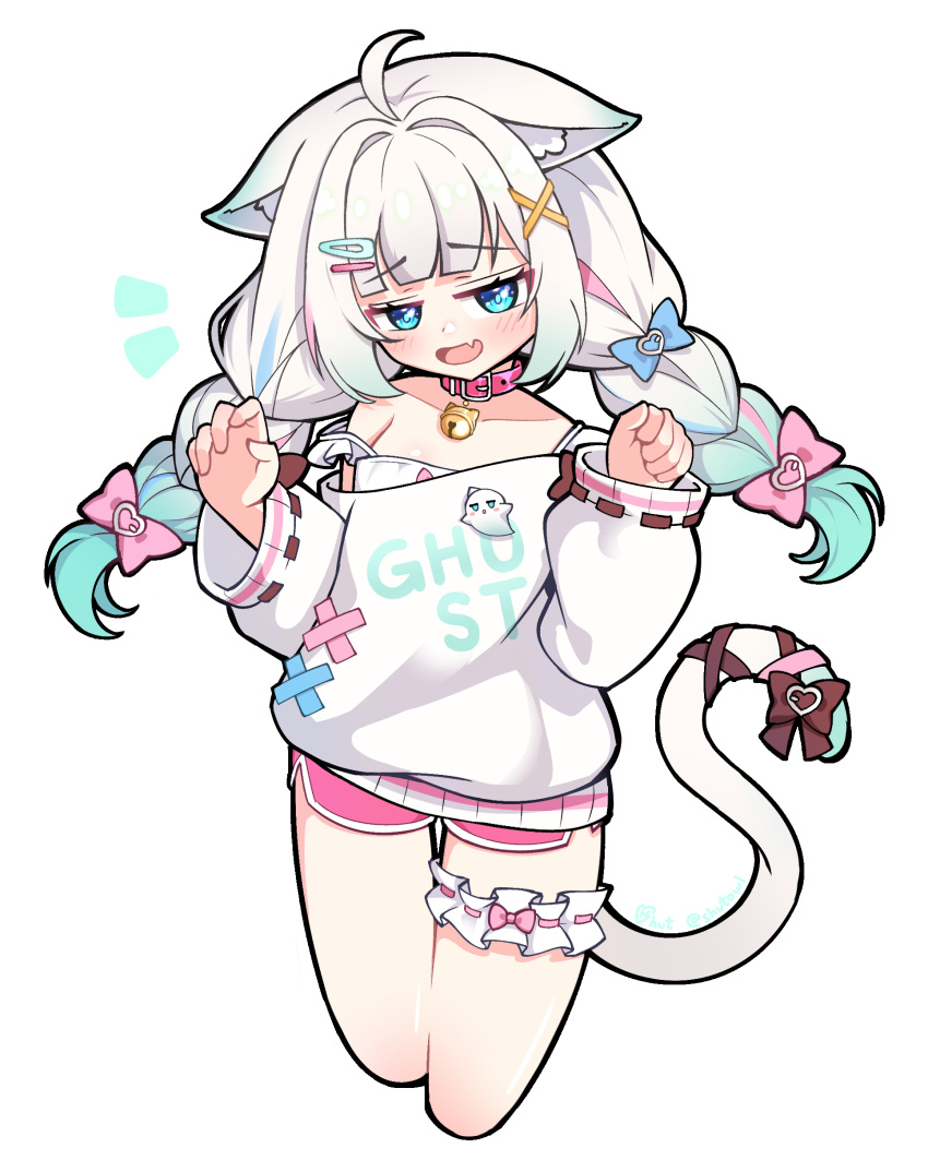1girl, absurdres, ahoge, animal_ear_fluff, animal_ears, bell, blue_bow, blue_eyes
