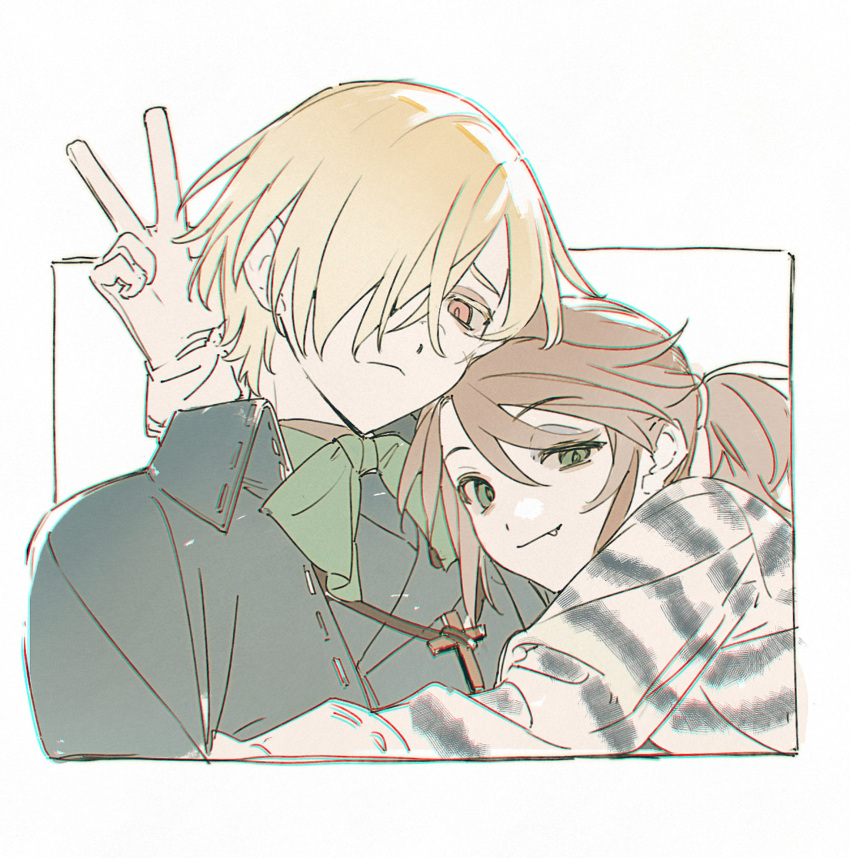 2boys, andrew_kreiss, black_jacket, blonde_hair, border, bow, bowtie, brown_hair, collared_jacket, colored_eyelashes, cross, cross_necklace, fang, fang_out, gloves, green_eyes, hair_ornament, hair_over_one_eye, hair_tie, half-closed_eye, heads_together, highres, hug, identity_v, jacket, jewelry, looking_at_viewer, luca_balsa, multiple_boys, necklace, open_clothes, open_jacket, outside_border, ponytail, red_eyes, shizuka0217, short_hair, short_ponytail, sidelocks, simple_background, striped_clothes, uneven_eyes, upper_body, v, vertical-striped_clothes, white_background, white_gloves