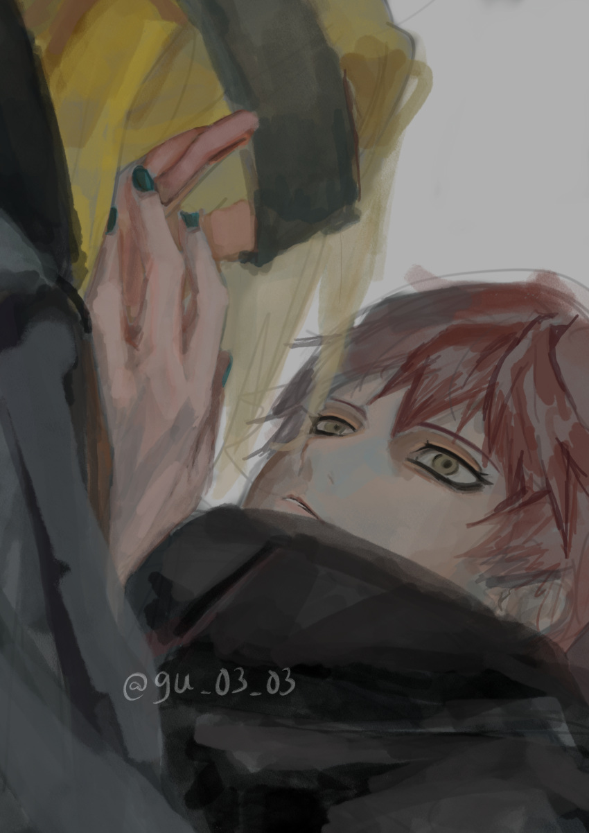 2boys, absurdres, akatsuki_uniform, asymmetrical_bangs, blonde_hair, brown_eyes, dansyaku, deidara_(naruto), eyeliner, forehead_protector, green_nails, hand_on_another's_face, highres, implied_yaoi, long_hair, looking_at_another, makeup, male_focus, multiple_boys, naruto_(series), naruto_shippuuden, parted_lips, robe, sasori_(naruto), short_hair, signature, simple_background, sketch, white_background