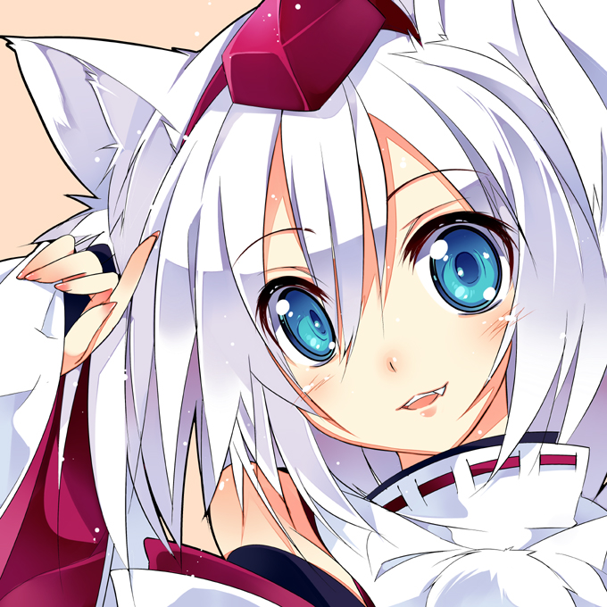 animal_ears, blue_eyes, blush, close-up, deta, detached_sleeves, dress, face