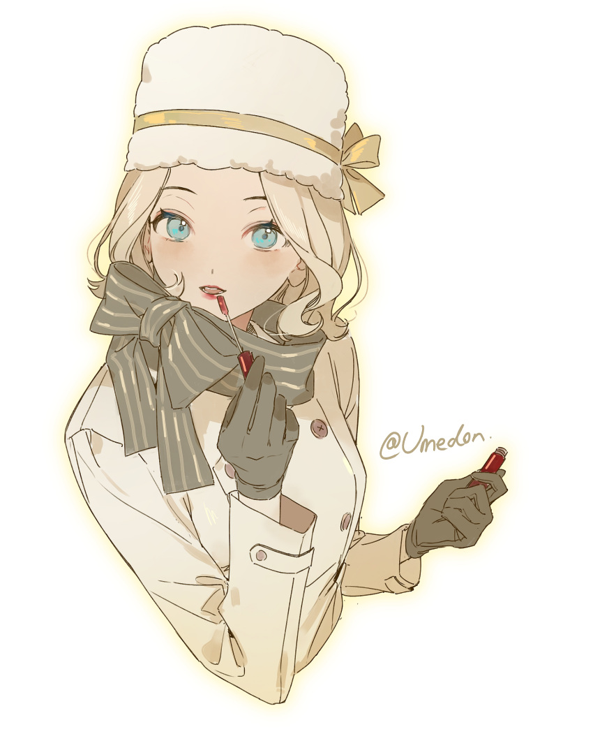 1girl, applying_makeup, black_gloves, blonde_hair, blue_eyes, bob_cut, brown_coat, coat