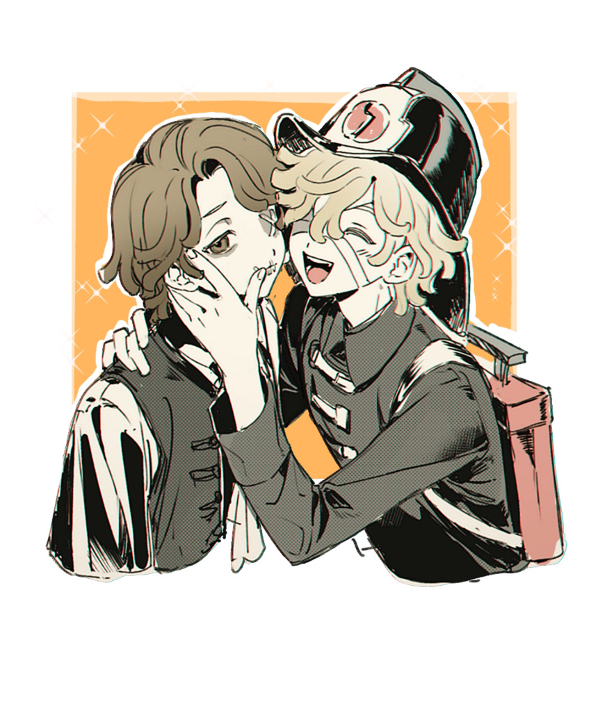2boys, :d, bags_under_eyes, bandage_on_face, bandage_over_one_eye, bandages, blonde_hair, border