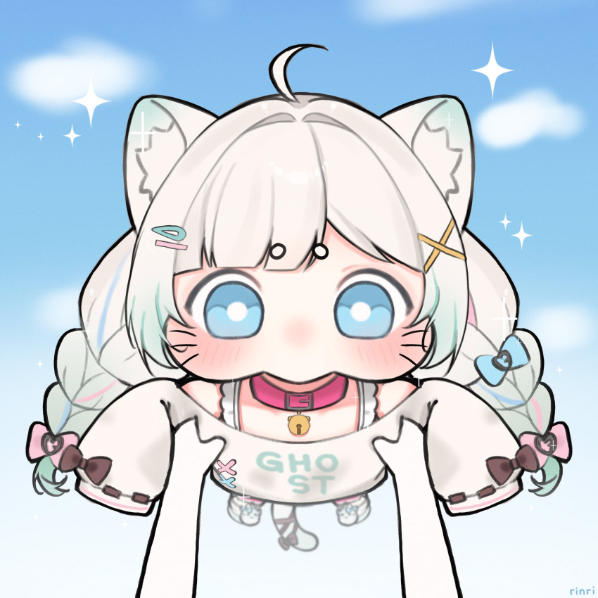 1girl, 1other, ahoge, animal_ear_fluff, animal_ears, bell, black_bow, blue_bow