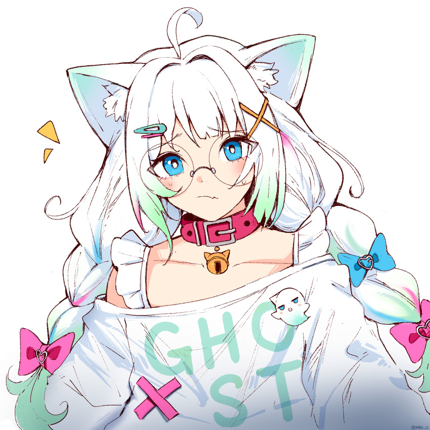 1girl, aark_22, ahoge, animal_ear_fluff, animal_ears, bell, belt_collar, blue_bow