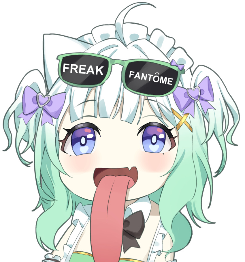 1girl, :d, ahoge, black_bow, black_bowtie, blue_eyes, blush, bow