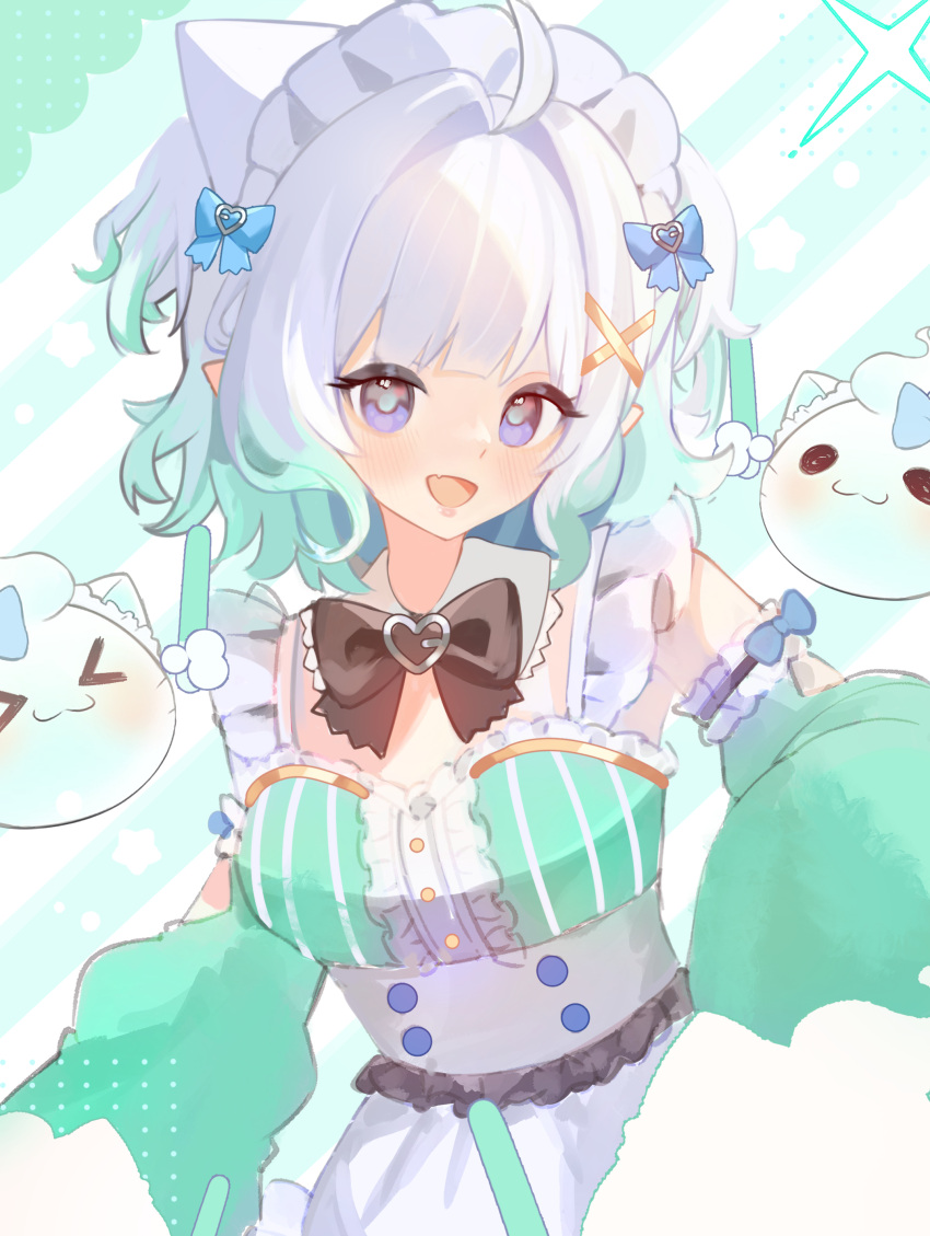 1girl, :d, absurdres, ahoge, apron, black_bow, black_bowtie, blue_bow