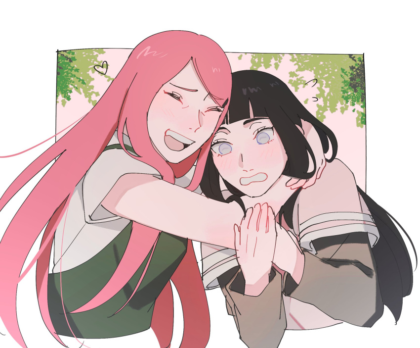 2girls, black_hair, blush, closed_eyes, highres, hug, hyuuga_hinata, mother-in-law_and_daughter-in-law, multiple_girls, naruto:_the_last, naruto_(series), open_mouth, pink_shirt, red_hair, seirorath, shirt, surprised, uzumaki_kushina, white_shirt