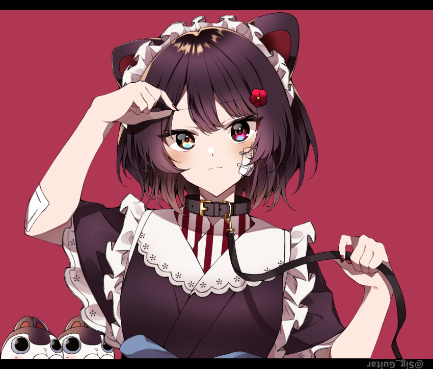1girl, bandaid, bandaid_on_arm, bandaid_on_cheek, bandaid_on_face, banken_(inui_toko), black_collar, brown_dress, brown_hair, closed_mouth, collar, dress, flower_hairpin, heterochromia, highres, holding, holding_leash, inui_toko, inui_toko_(1st_costume), japanese_clothes, leash, looking_at_viewer, maid, maid_headdress, nail_polish, nijisanji, red_eyes, red_nails, shigure_(sigre), smile, solo, virtual_youtuber, wa_maid, white_headdress, yellow_eyes