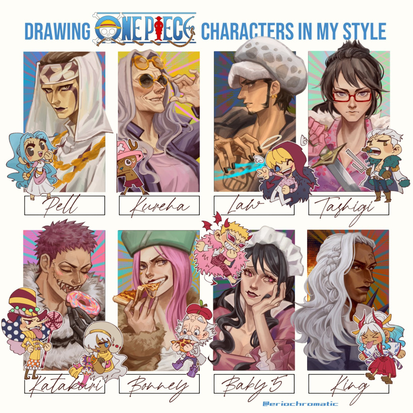 6+boys, 6+girls, baby_5, black_hair, black_nails, blonde_hair, blue_hair, brother_and_sister, brothers, brown_hair, character_name, charlotte_katakuri, charlotte_perospero, charlotte_smoothie, chest_tattoo, chibi, closed_mouth, coat, coat_on_shoulders, commentary, donquixote_doflamingo, donquixote_rocinante, doughnut, dr._kureha, dr._vegapunk, eating, english_commentary, epaulettes, eriochromatic, facial_hair, food, glasses, grey_hair, hakama, half_updo, halo, hand_on_own_hip, hat, head_rest, headscarf, highres, holding, holding_food, holding_sword, holding_weapon, jacket, japanese_clothes, jewelry_bonney, jitte, kimono, king_(one_piece), long_hair, long_nose, looking_at_viewer, maid_headdress, makeup, multiple_boys, multiple_drawing_challenge, multiple_girls, mustache, nefertari_vivi, one_piece, pell_(one_piece), pink_hair, pizza, red_hakama, sharp_teeth, short_hair, siblings, sideburns, smile, smoker_(one_piece), sunglasses, sweatdrop, swept_bangs, sword, tashigi, tattoo, teeth, tony_tony_chopper, trafalgar_law, weapon, white_hair, white_kimono, yamato_(one_piece)