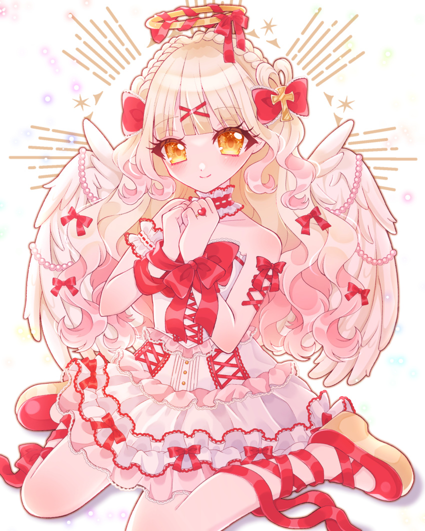1girl, absurdres, angel, angel_wings, balletcore, blonde_hair, blunt_bangs, bound