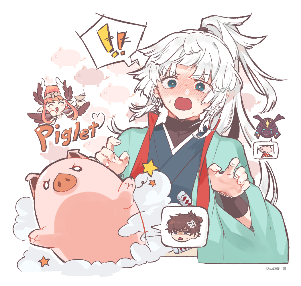 !, !!, 1boy, 3girls, animal, animalization, armor, aud0854_01, black_wings, blonde_hair, blue_eyes, blue_kimono, blush, chibi, circe_(fate), closed_eyes, commentary_request, english_text, fate/samurai_remnant, fate_(series), feathered_wings, grey_hair, helmet, japanese_armor, japanese_clothes, kabuto_(helmet), katana, kimono, long_hair, miyamoto_iori_(fate), multicolored_hair, multiple_girls, open_mouth, pig, pink_hair, pointy_ears, ponytail, smile, star_(symbol), sword, twitter_username, ushi_gozen_(fate), ushi_gozen_(rider)_(fate), weapon, white_background, wings, yui_shousetsu_(fate)