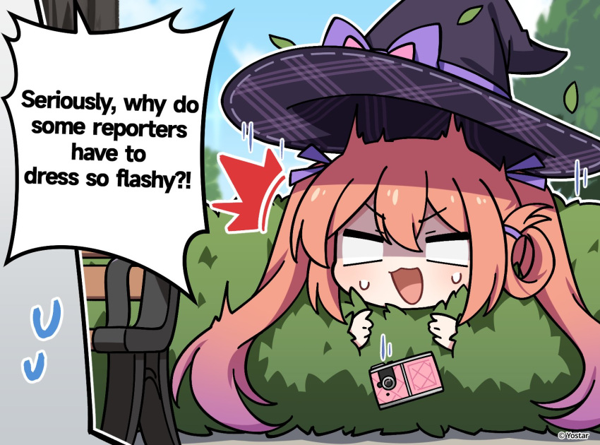 1girl, 1other, :3, ^^^, bench, black_hat, blank_eyes, bow