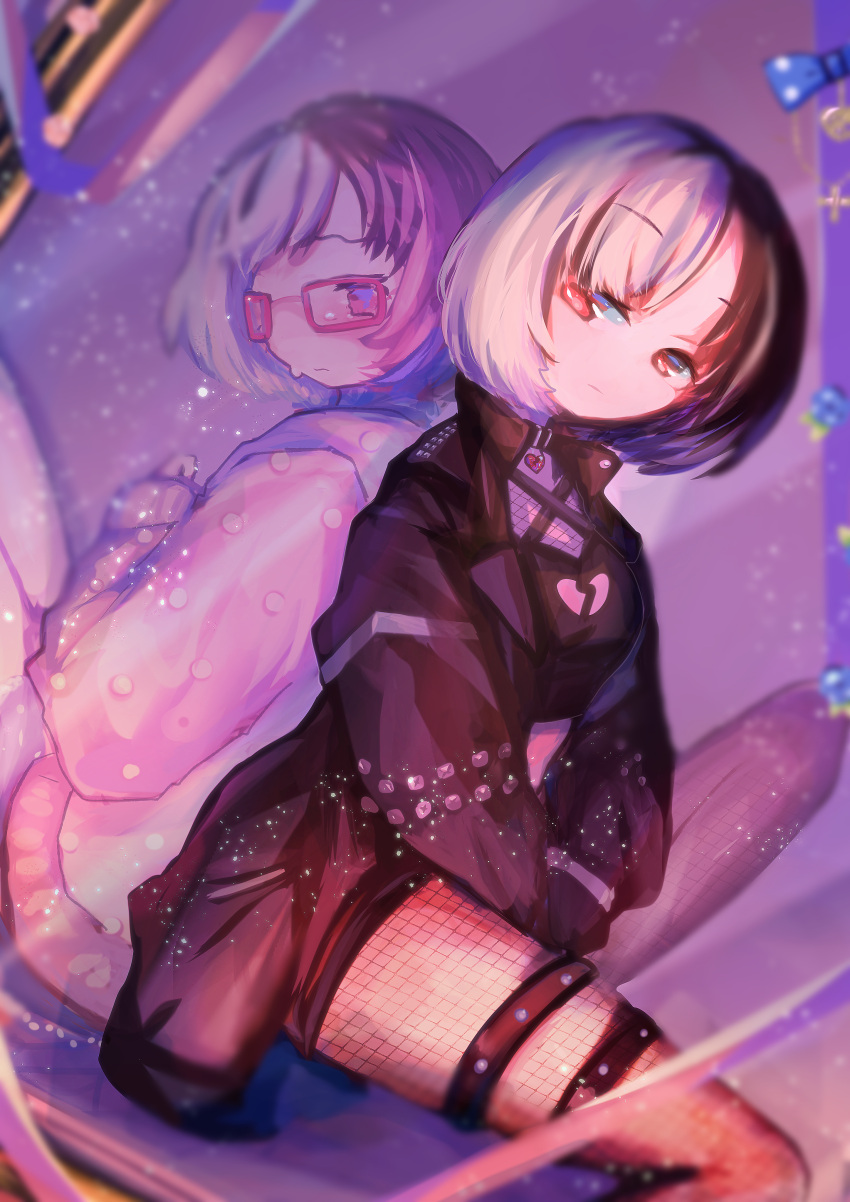 2girls, absurdres, against_mirror, belt, belt_buckle, belt_collar, black_belt, black_hair