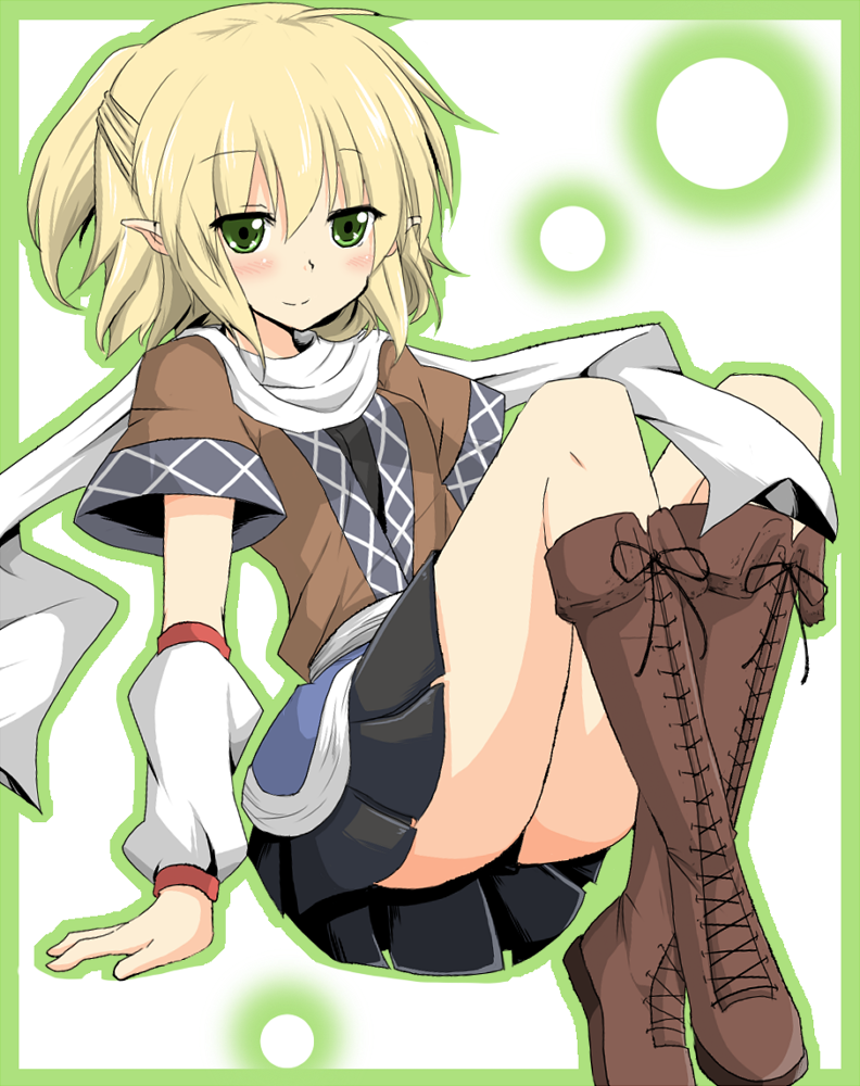 arm_warmers, black_panties, blonde_hair, blush, boots, cross-laced_footwear, detached_sleeves, green_eyes, knee_boots, lace-up_boots, mizuhashi_parsee, panties, pointy_ears, ponytail, scarf, shirt, sitting, skirt, smile, solo, suna_(sunaipu), touhou, underwear, upskirt
