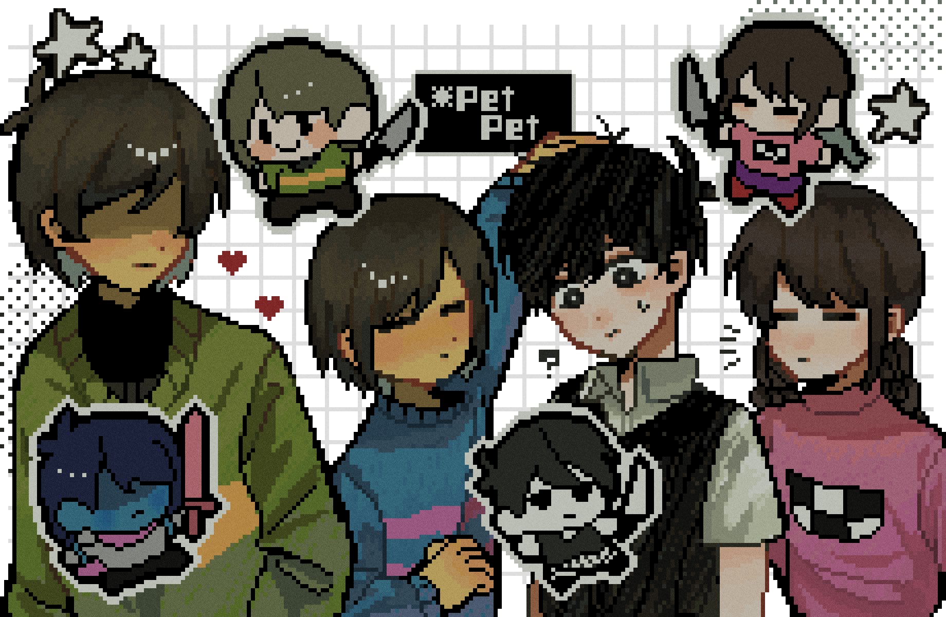 1girl, 2boys, 3others, 9aaaalt29, ?, antenna_hair, arm_up, black_eyes