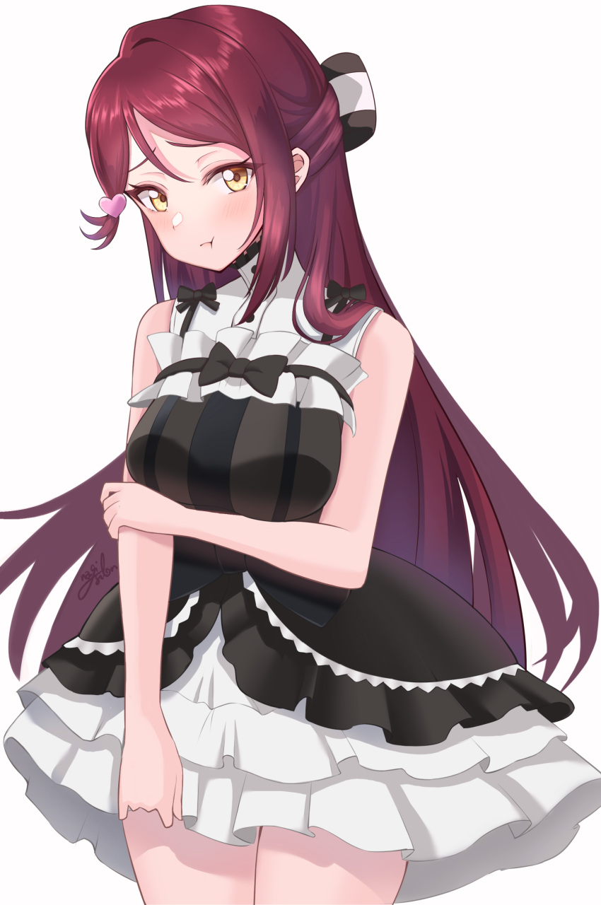 1girl, :t, absurdres, arm_under_breasts, bare_shoulders, blush, breasts, closed_mouth, commentary, cowboy_shot, dress, embarrassed, frilled_dress, frills, frown, hair_ornament, half_updo, hand_on_own_arm, heart, heart_hair_ornament, highres, long_hair, looking_at_viewer, love_live!, love_live!_sunshine!!, medium_breasts, nagisilon, raised_inner_eyebrows, red_hair, sakurauchi_riko, signature, simple_background, sleeveless, sleeveless_dress, solo, standing, very_long_hair, white_background, white_dress, yellow_eyes