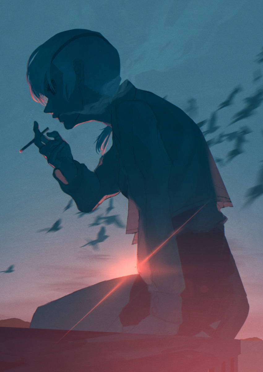 1girl, absurdres, arm_support, bird, black_shorts, chainsaw_man, cigarette, evening