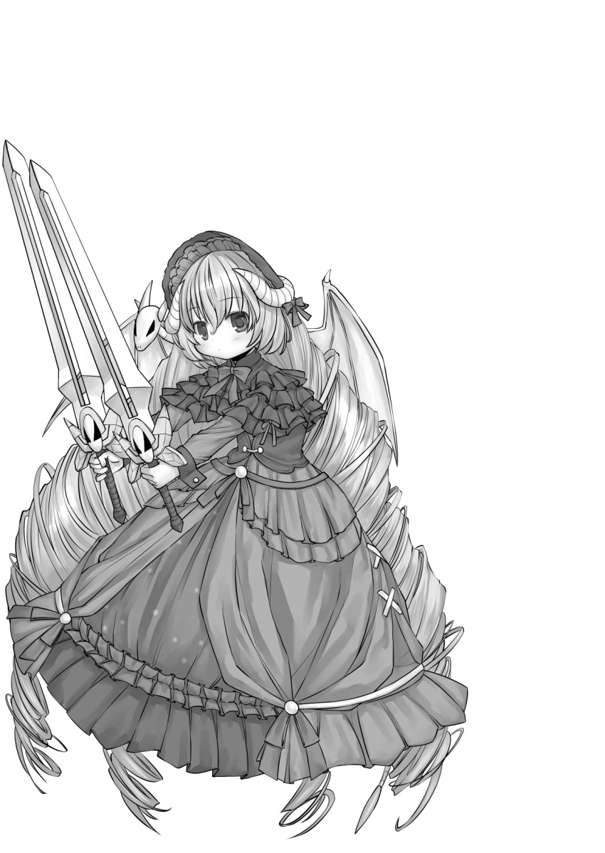 1girl, bonnet, capelet, corset, demon_girl, demon_horns, demon_wings, dress