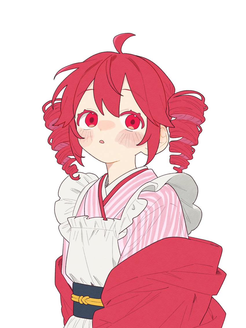 1girl, apron, blush, colored_eyelashes, dress, drill_hair, highres, kasane_teto, kasane_teto_(utau), looking_afar, ofo_j1, open_mouth, red_eyes, red_hair, solo, twin_drills, twintails, utau, white_background