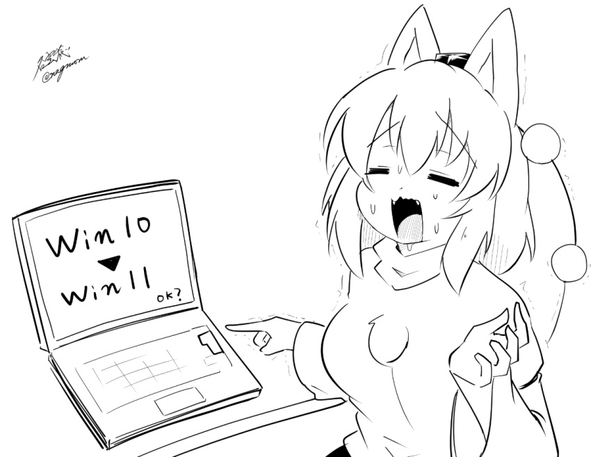 1girl, animal_ears, breasts, closed_eyes, commentary_request, computer, fangs, greyscale